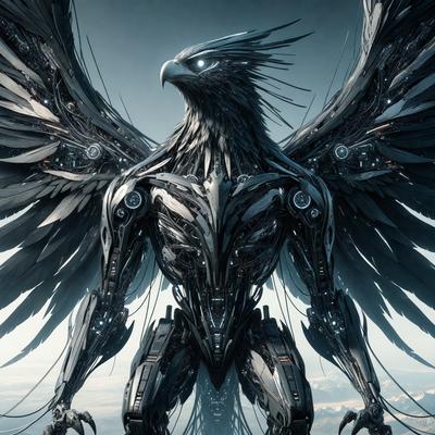 The primary subject of the image is a futuristic robot with a bird-like head, wings, and a mechanical body. The robot is standing in a cloudy sky, which serves as the setting for the scene. The visual style of the image is digital art, as it is a detailed and intricate illustration of the robot. The colors and mood of the image are dark and moody, with the robot's mechanical parts and the cloudy sky creating a sense of mystery and intrigue.